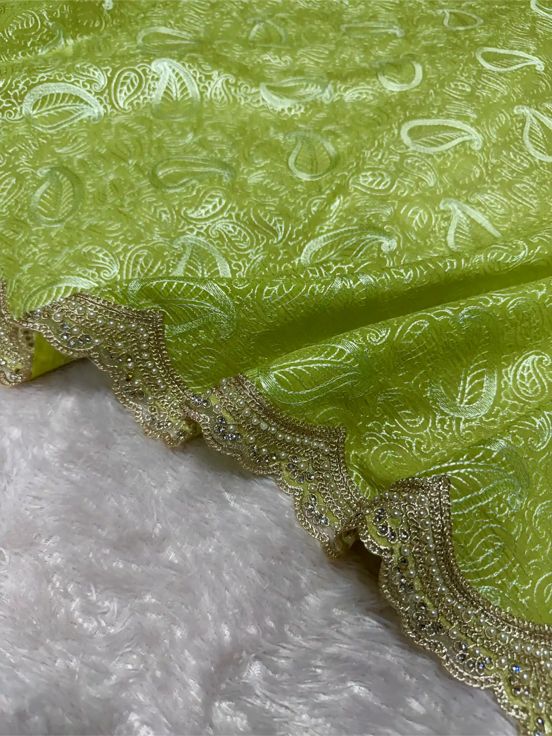 Parrot Green Pure Mul Chanderi Chikankari Work Banarasi Saree