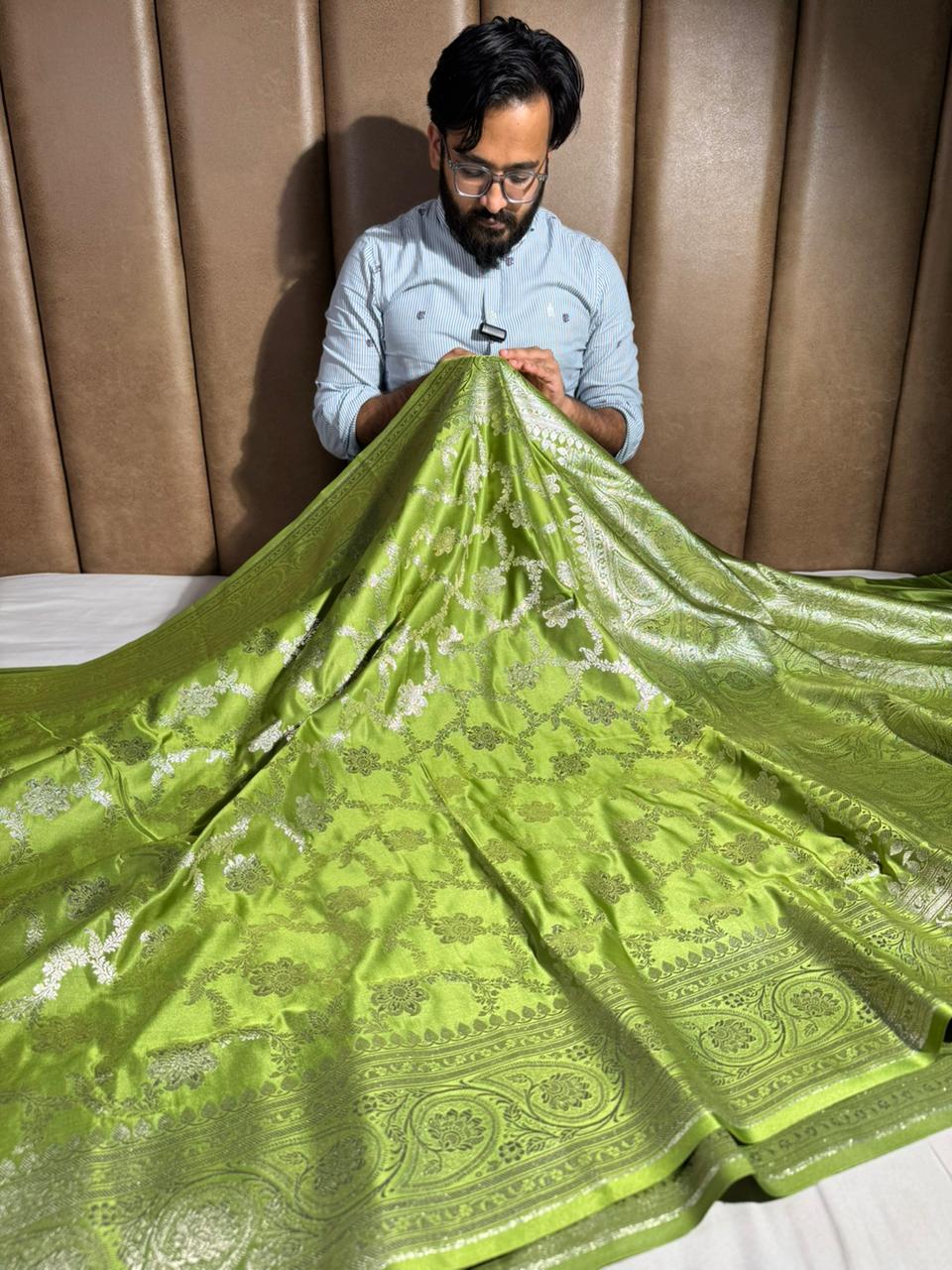 Parrot Green Satin Silk Heritage Floral Weave Banarasi Saree