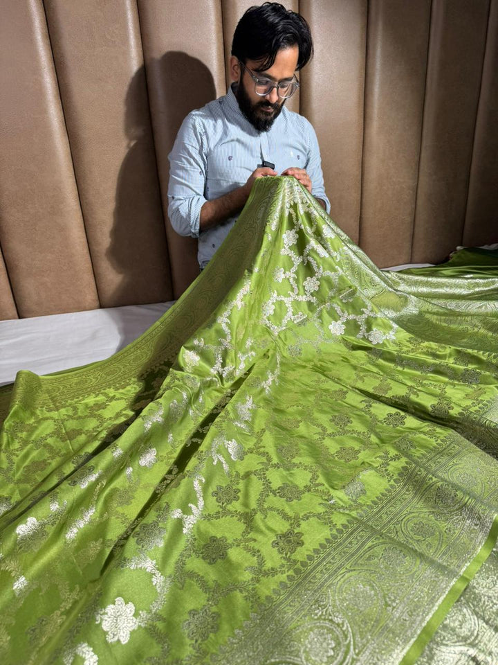 Parrot Green Satin Silk Heritage Floral Weave Banarasi Saree
