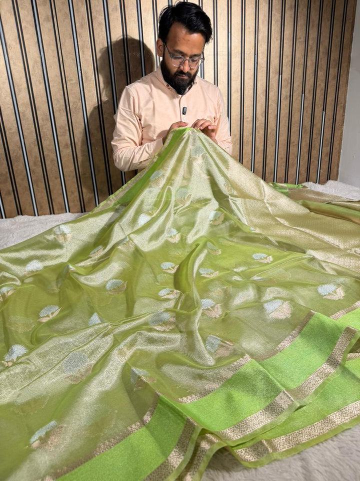 Parrot Green Soft Tissue Silk Heritage Banarasi Saree