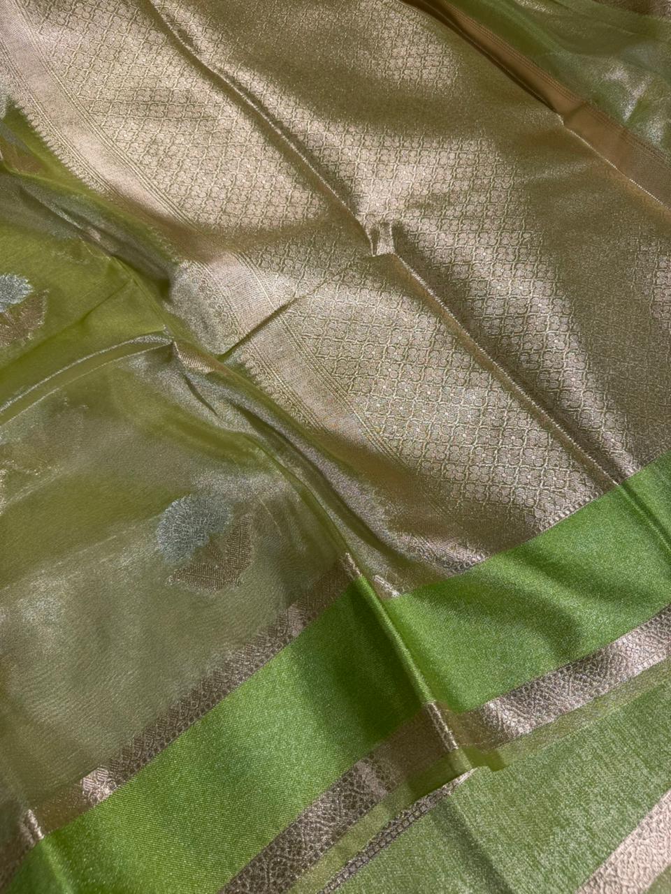 Parrot Green Soft Tissue Silk Heritage Banarasi Saree