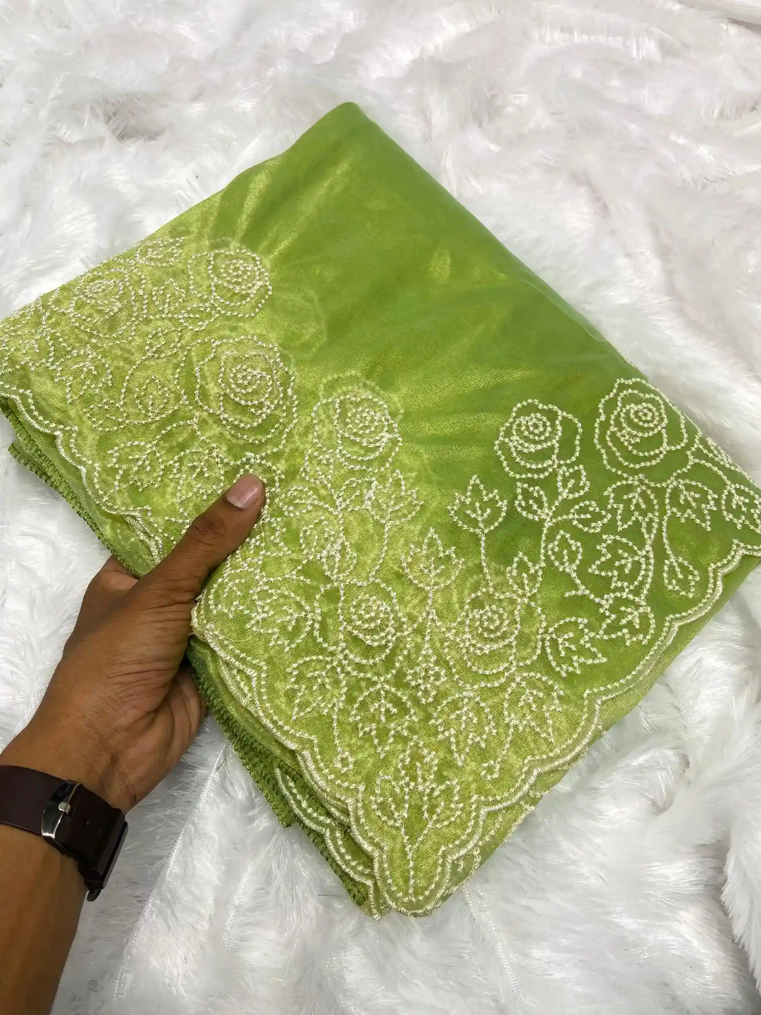 Parrot Green Premium Tissue with Chikankari Work