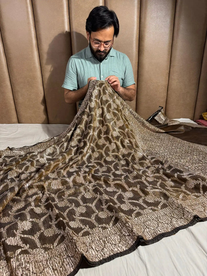 Otter Brown Pashmina silk saree with vertical crush pattern and rich pallu