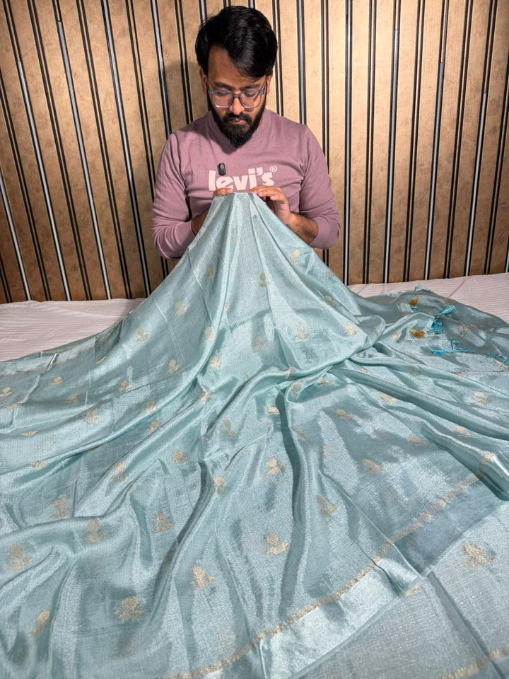 Pastel Blue Extremely Soft Georgette Silk Banarasi Saree