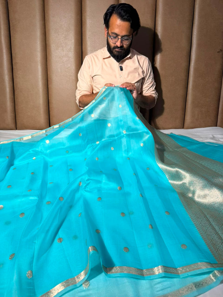 Pastel Blue Handwoven Pure Organza Banarasi Saree