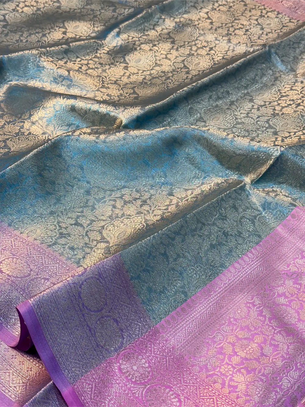 Pastel Firozi Tissue Silk Kanjivaram Embossed Banarasi Saree
