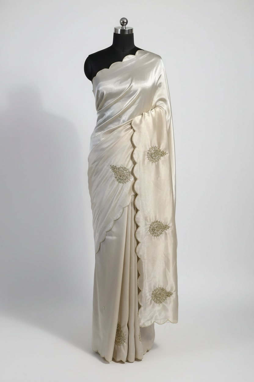 Ivory Shimmery Tissue Silk Handwork Designer Saree