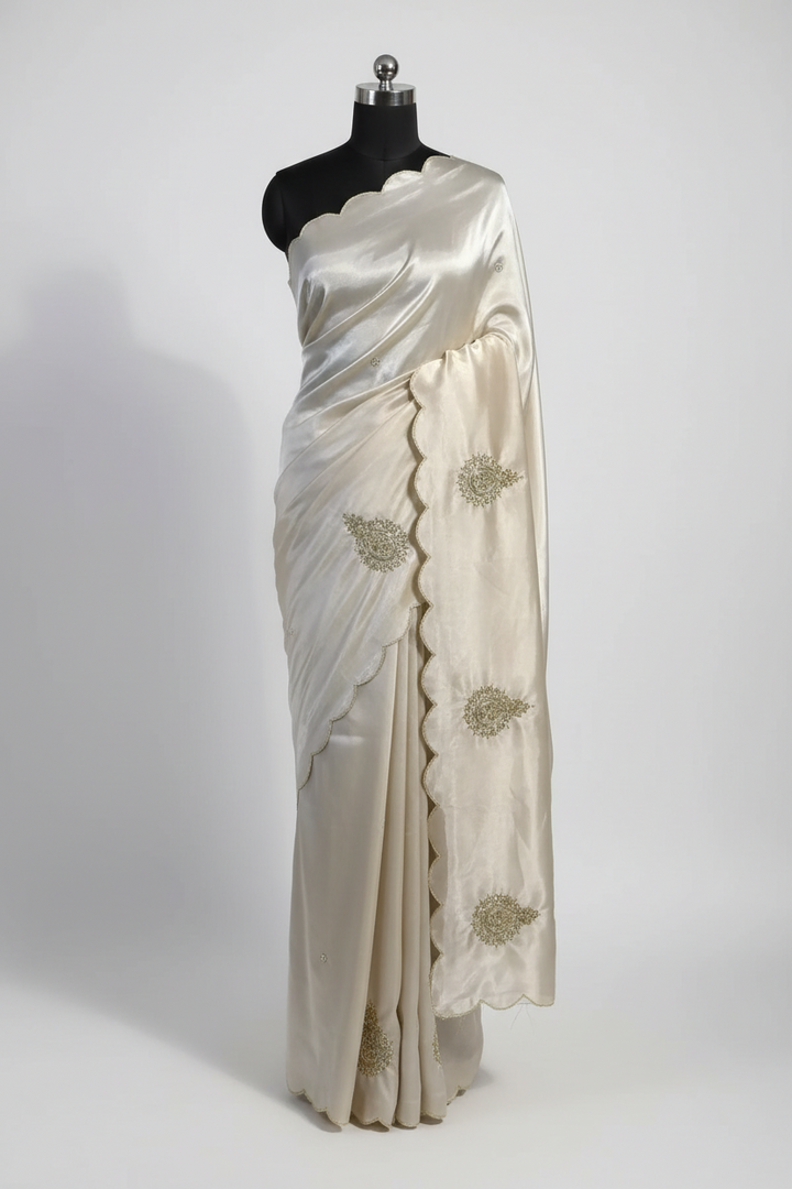 Ivory Shimmery Tissue Silk Handwork Designer Saree