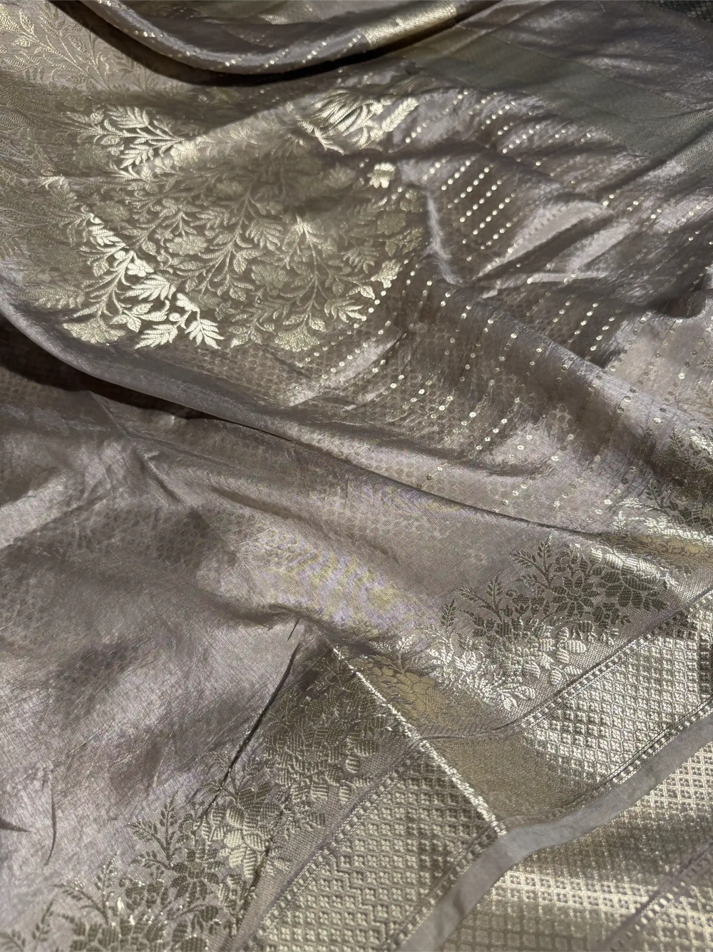 Pastel Grey Crepe Chinia Silk Banarasi Saree
