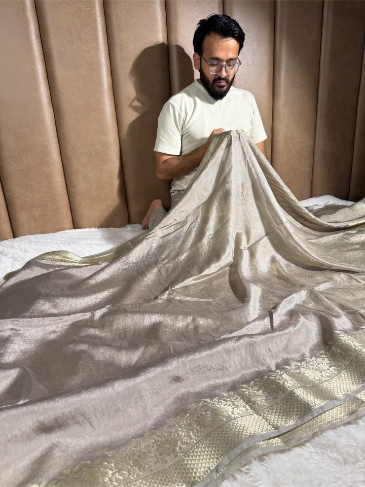 Pastel Grey Crepe Chinia Silk Banarasi Saree