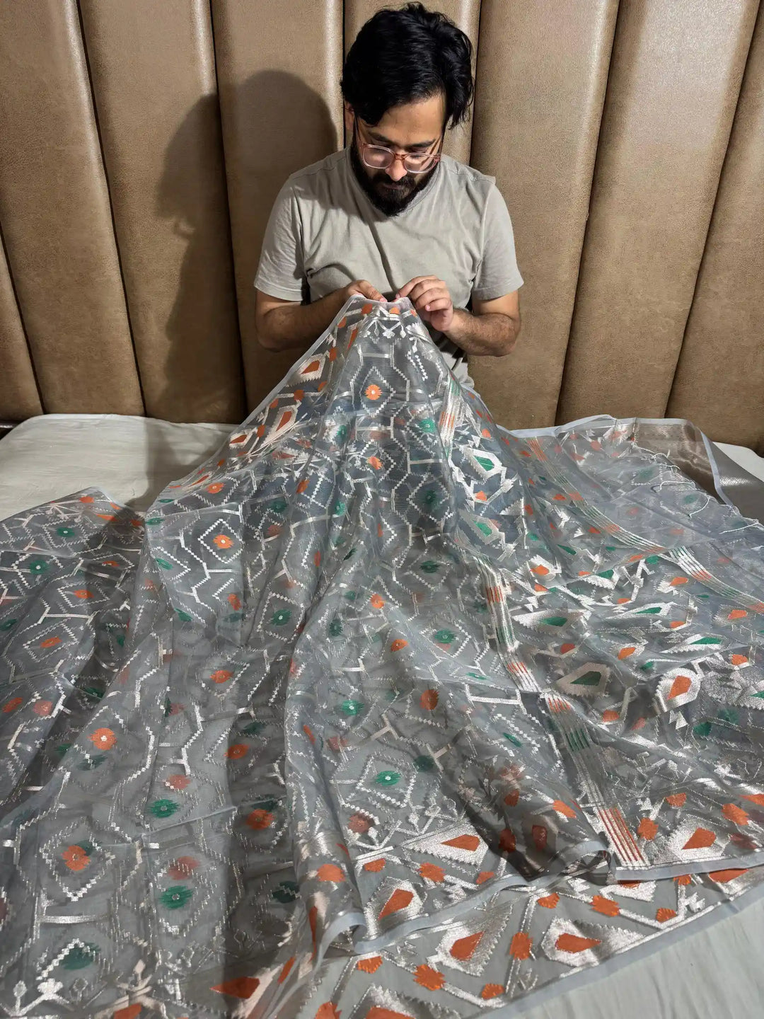 Pastel Grey Jamdani Organza Silk Saree with Exclusively Rich Pallu and Blouse