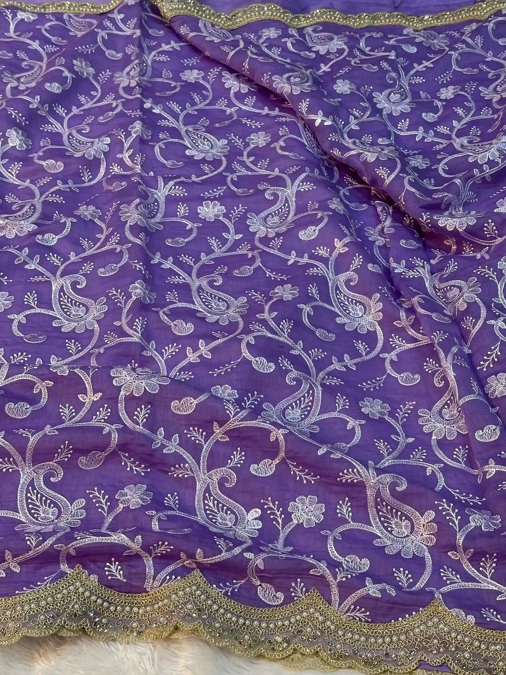 Pastel Lavender Pure Mul Chanderi Chikankari Embroidery Work Saree