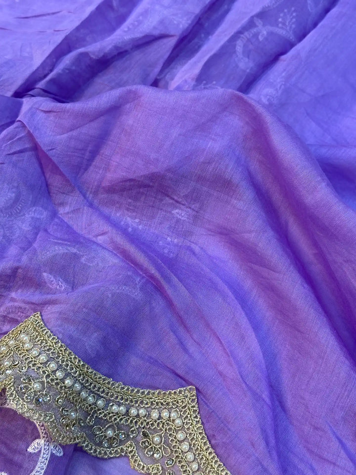 Pastel Lavender Pure Mul Chanderi Chikankari Embroidery Work Saree