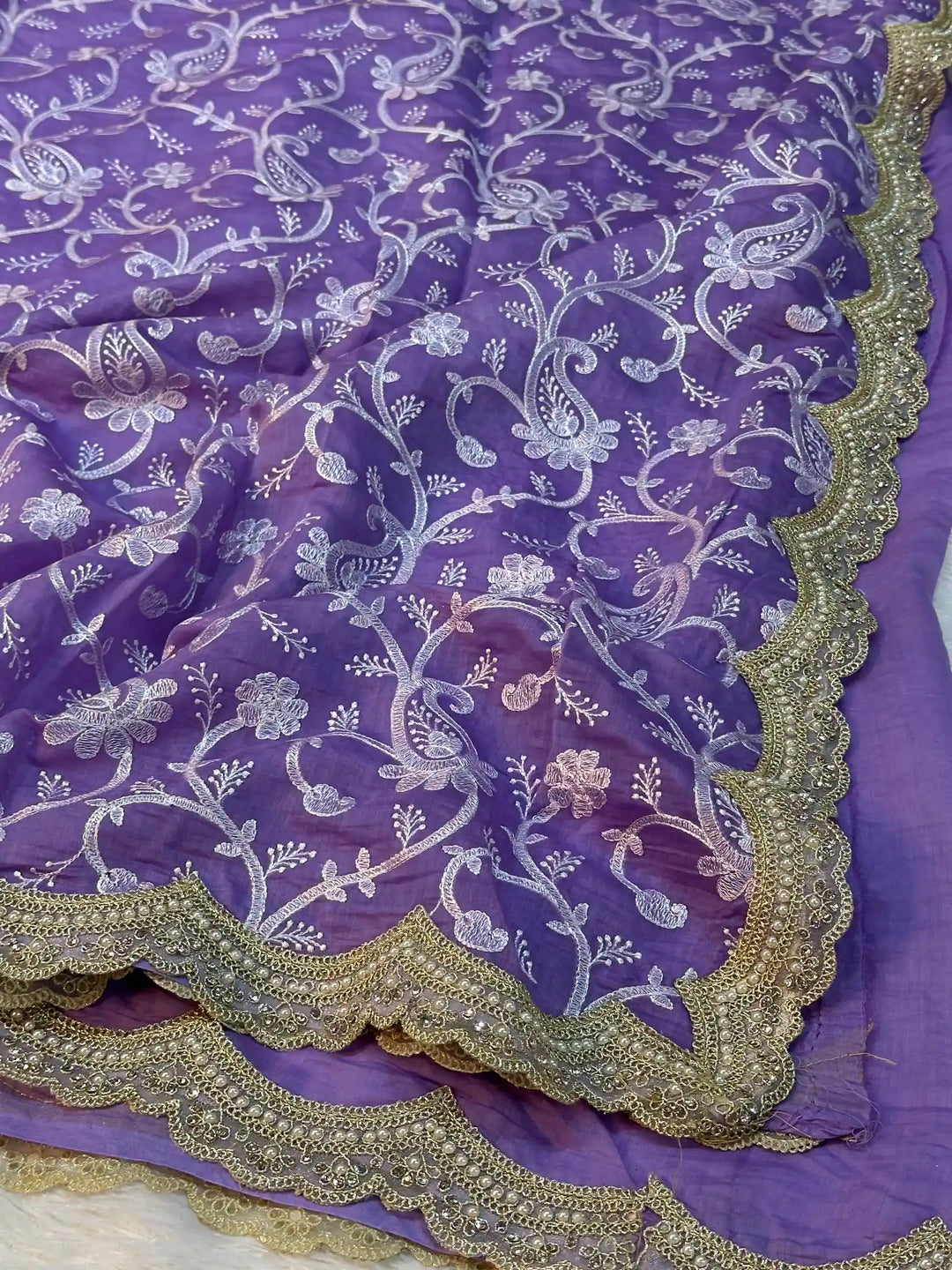 Pastel Lavender Pure Mul Chanderi Chikankari Embroidery Work Saree