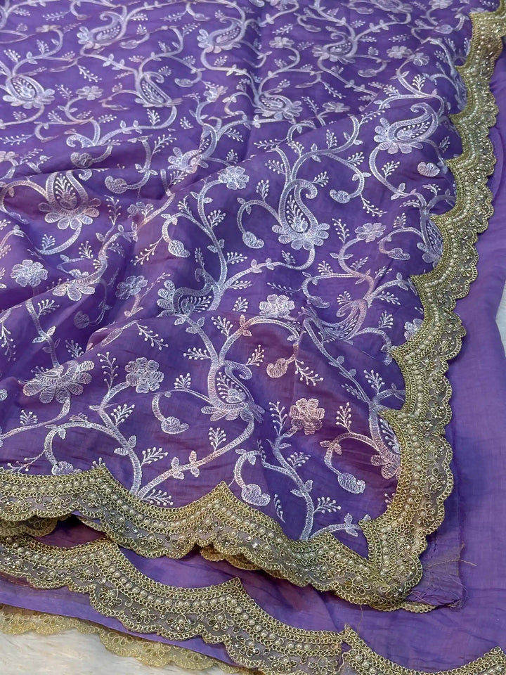 Pastel Lavender Pure Mul Chanderi Chikankari Embroidery Work Saree