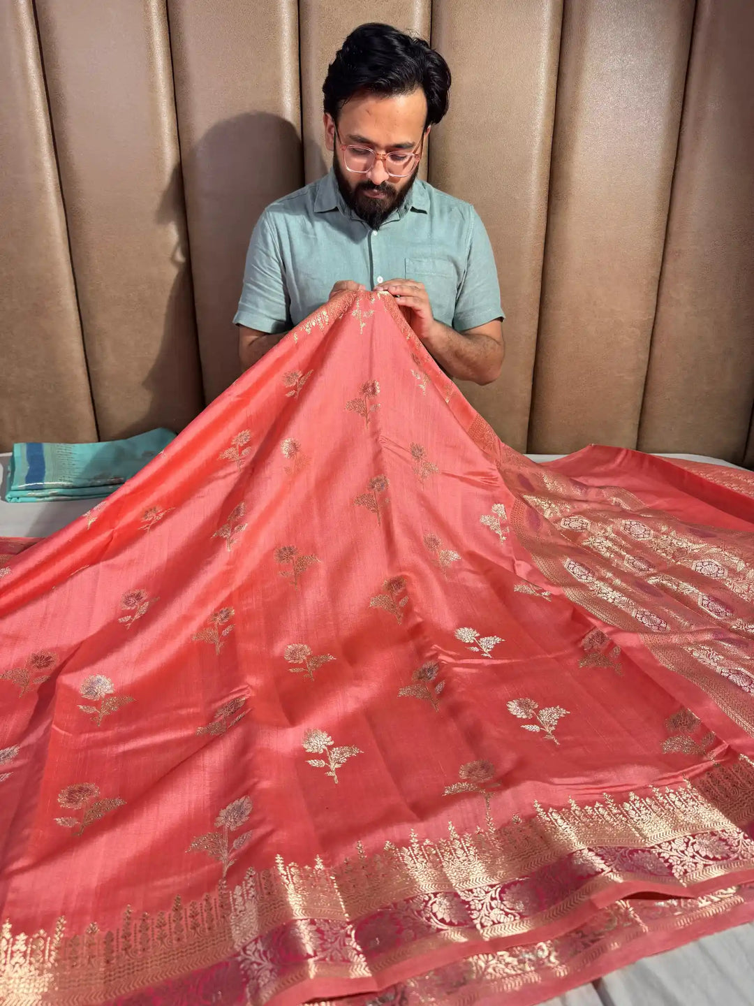 Pastel Peach Banarasi Pure Chiniya Silk Saree with Handbrush Paint and Rich Pallu
