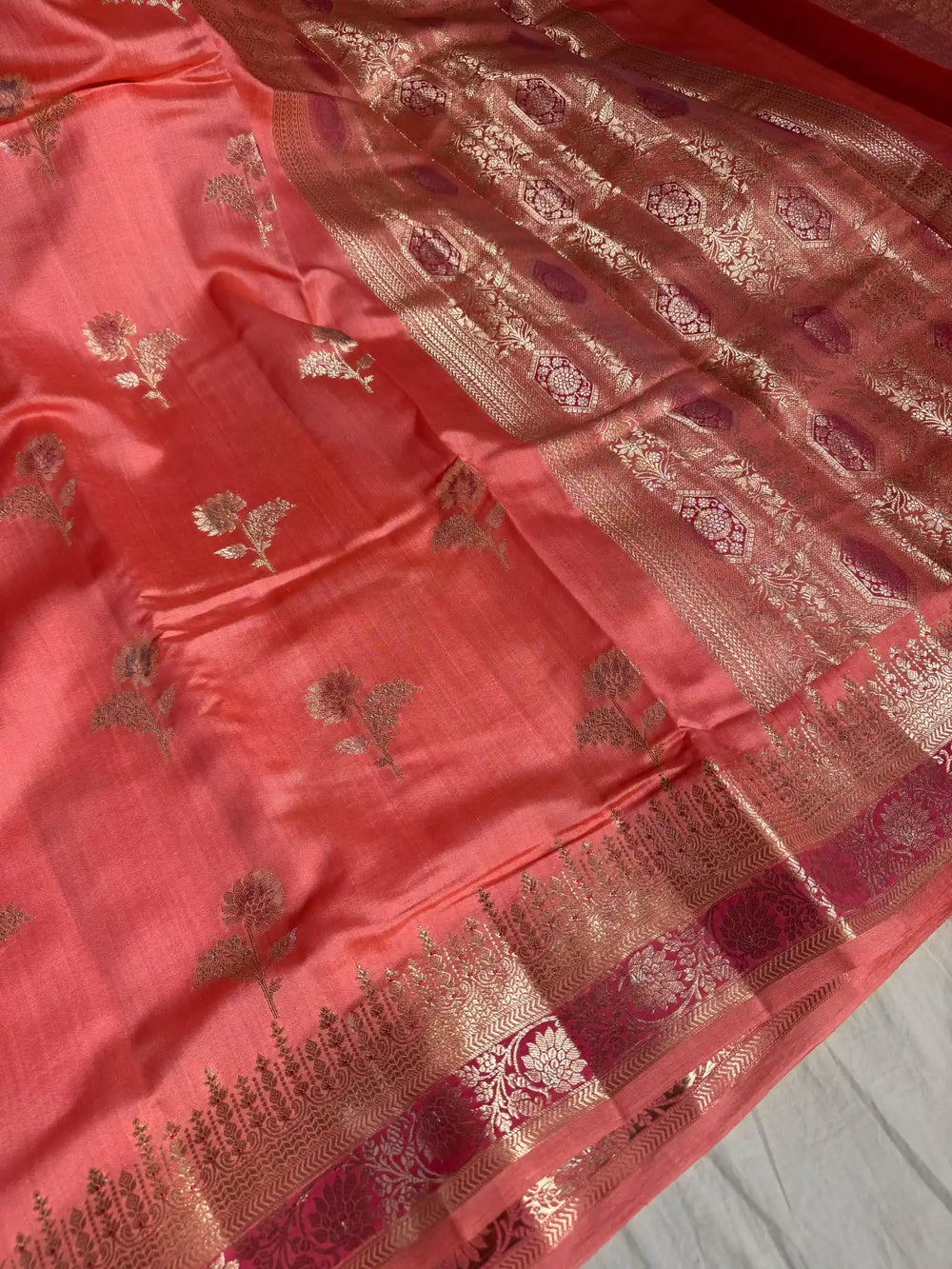 Pastel Peach Banarasi Pure Chiniya Silk Saree with Handbrush Paint and Rich Pallu