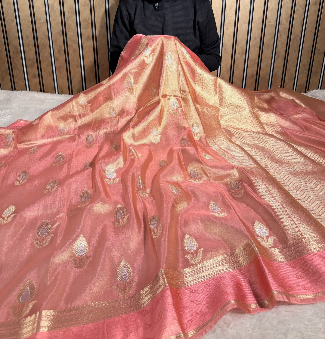 Pastel Peach Breathable Tissue Silk Flower Buta Banarasi Saree
