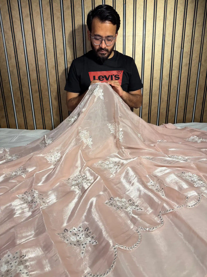 Pastel Peach Shimmery Tissue Silk Designer Saree