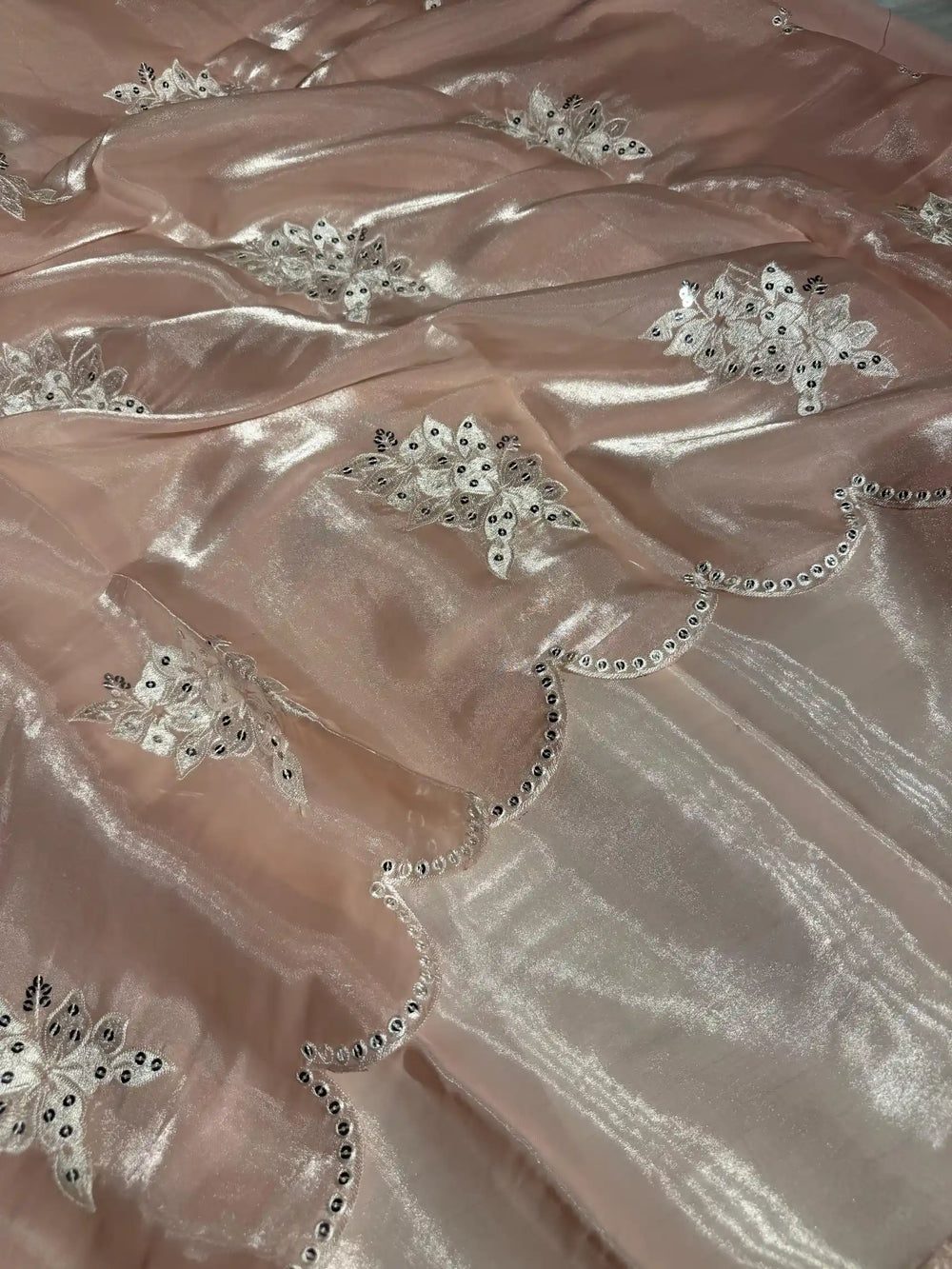 Pastel Peach Shimmery Tissue Silk Designer Saree