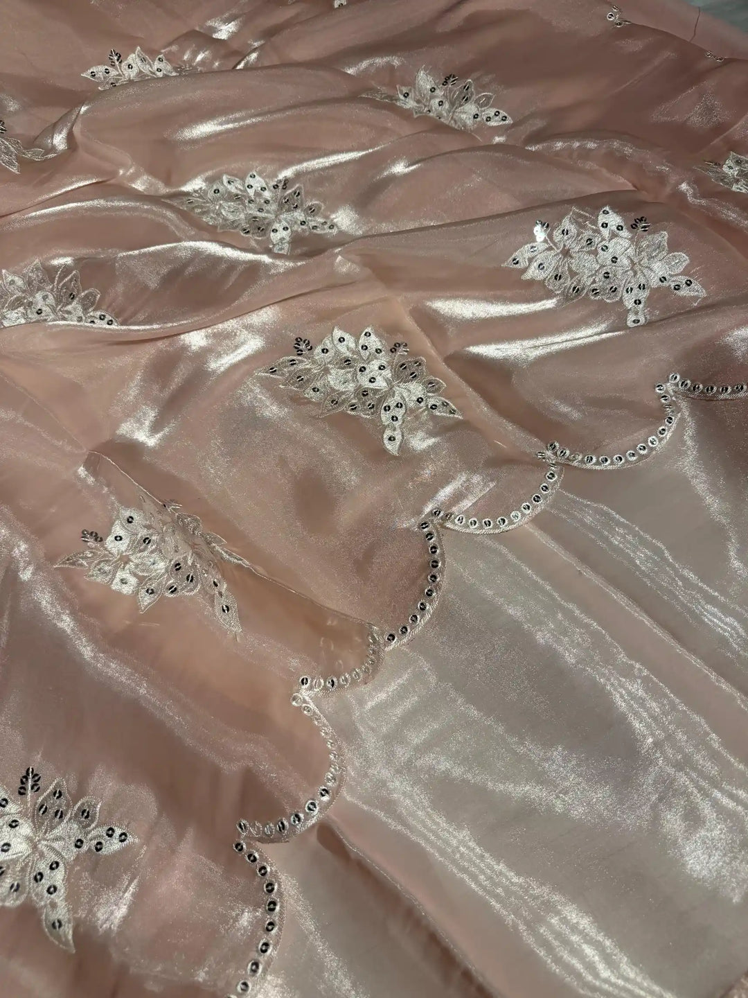 Pastel Peach Shimmery Tissue Silk Designer Saree