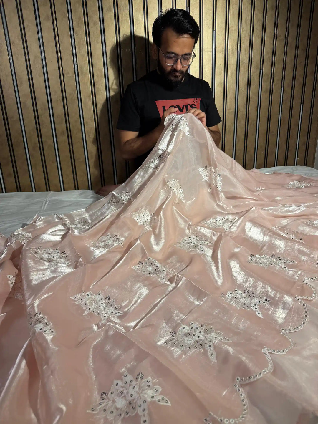 Pastel Peach Shimmery Tissue Silk Designer Saree