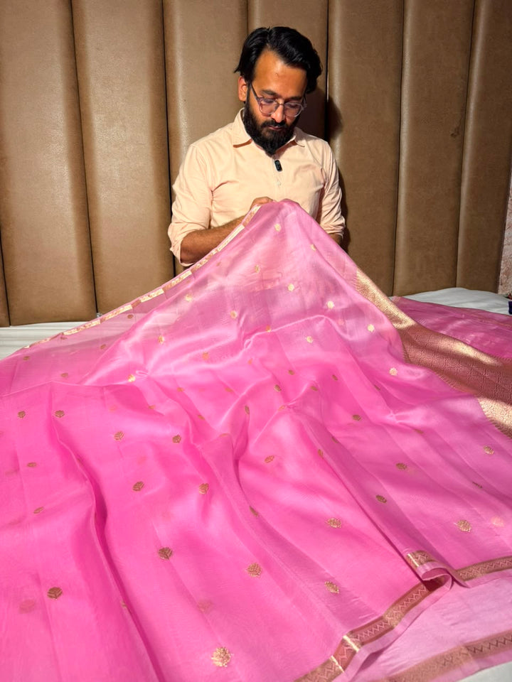 Pastel Pink Handwoven Pure Organza Banarasi Saree