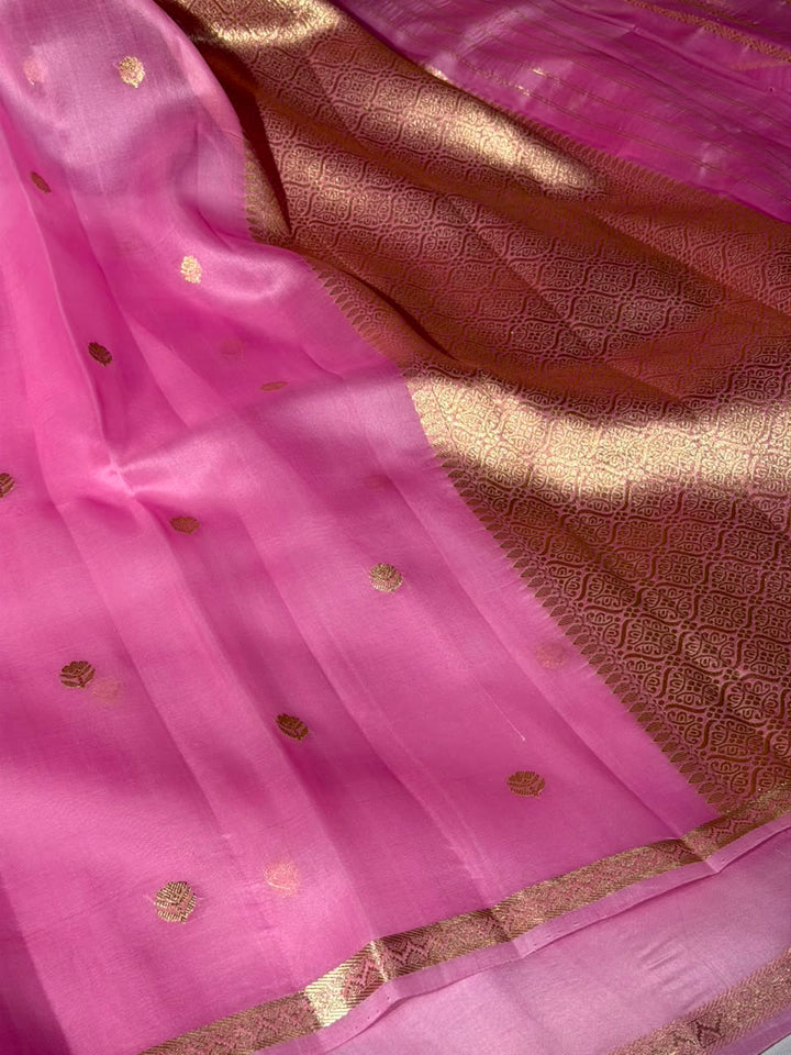 Pastel Pink Handwoven Pure Organza Banarasi Saree