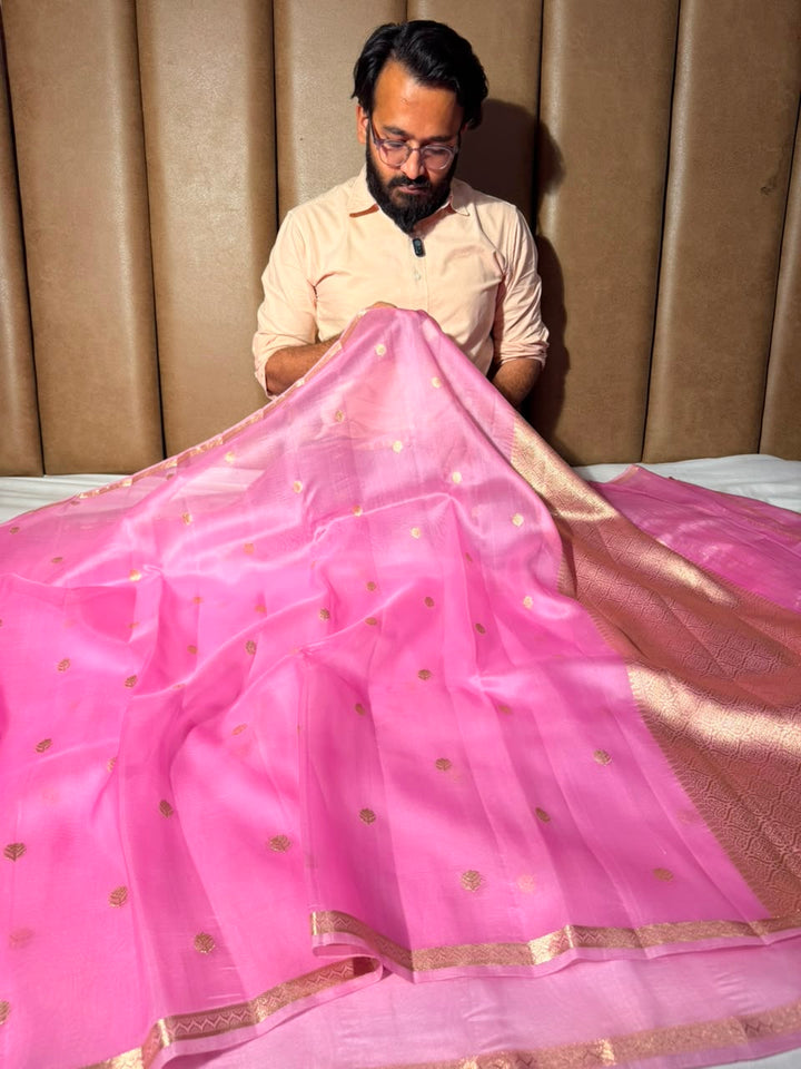 Pastel Pink Handwoven Pure Organza Banarasi Saree