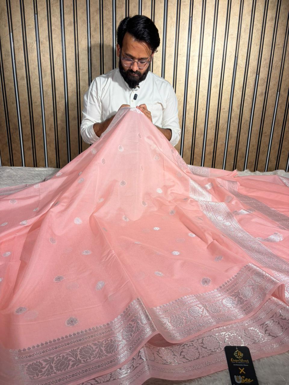 Pastel Pink Soft Georgette Khaddi Buti Banarasi Saree