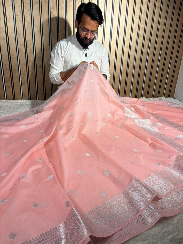 Pastel Pink Soft Georgette Khaddi Buti Banarasi Saree