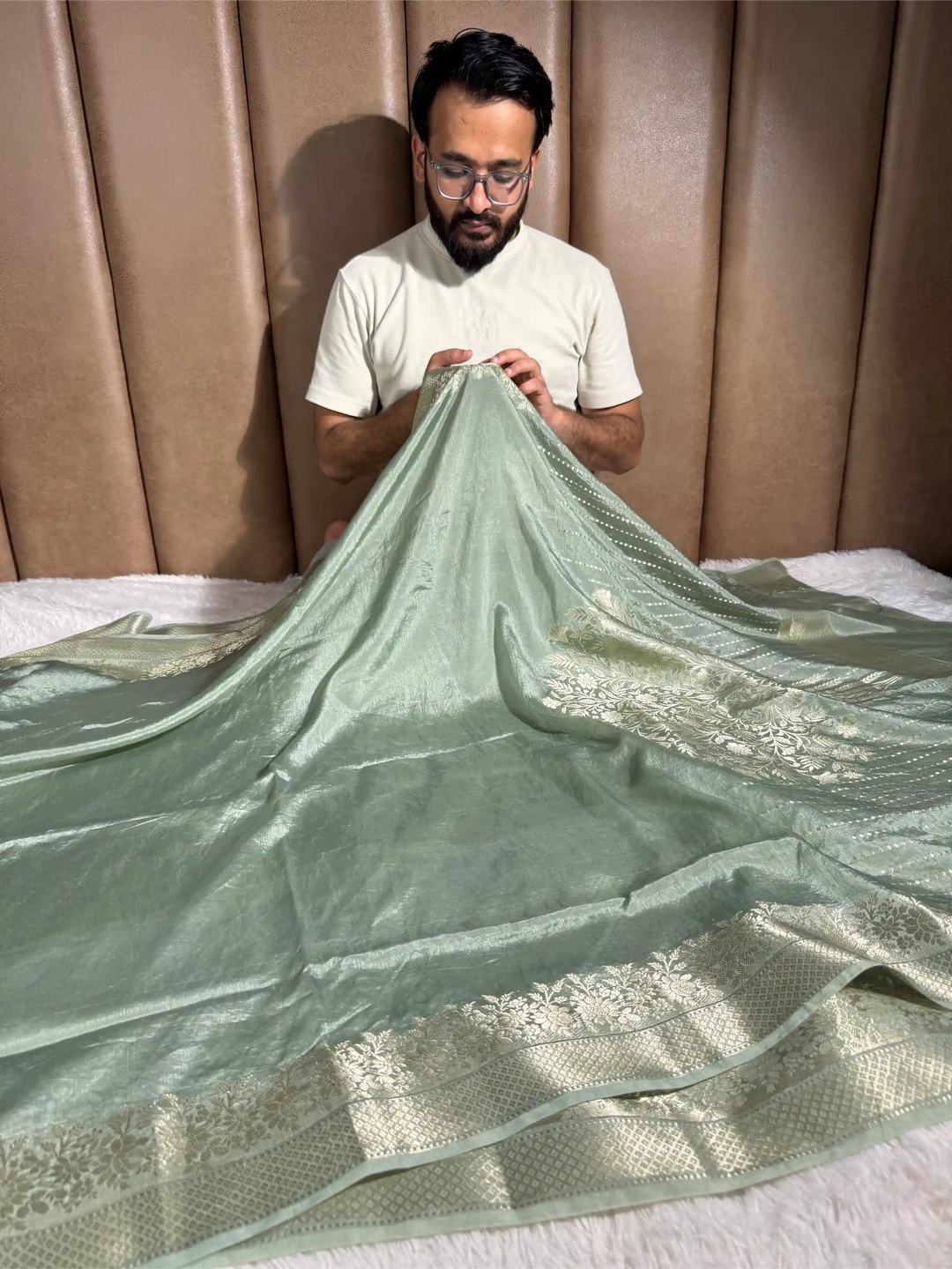 Pastel Sea Green Crepe Chinia Silk Banarasi Saree