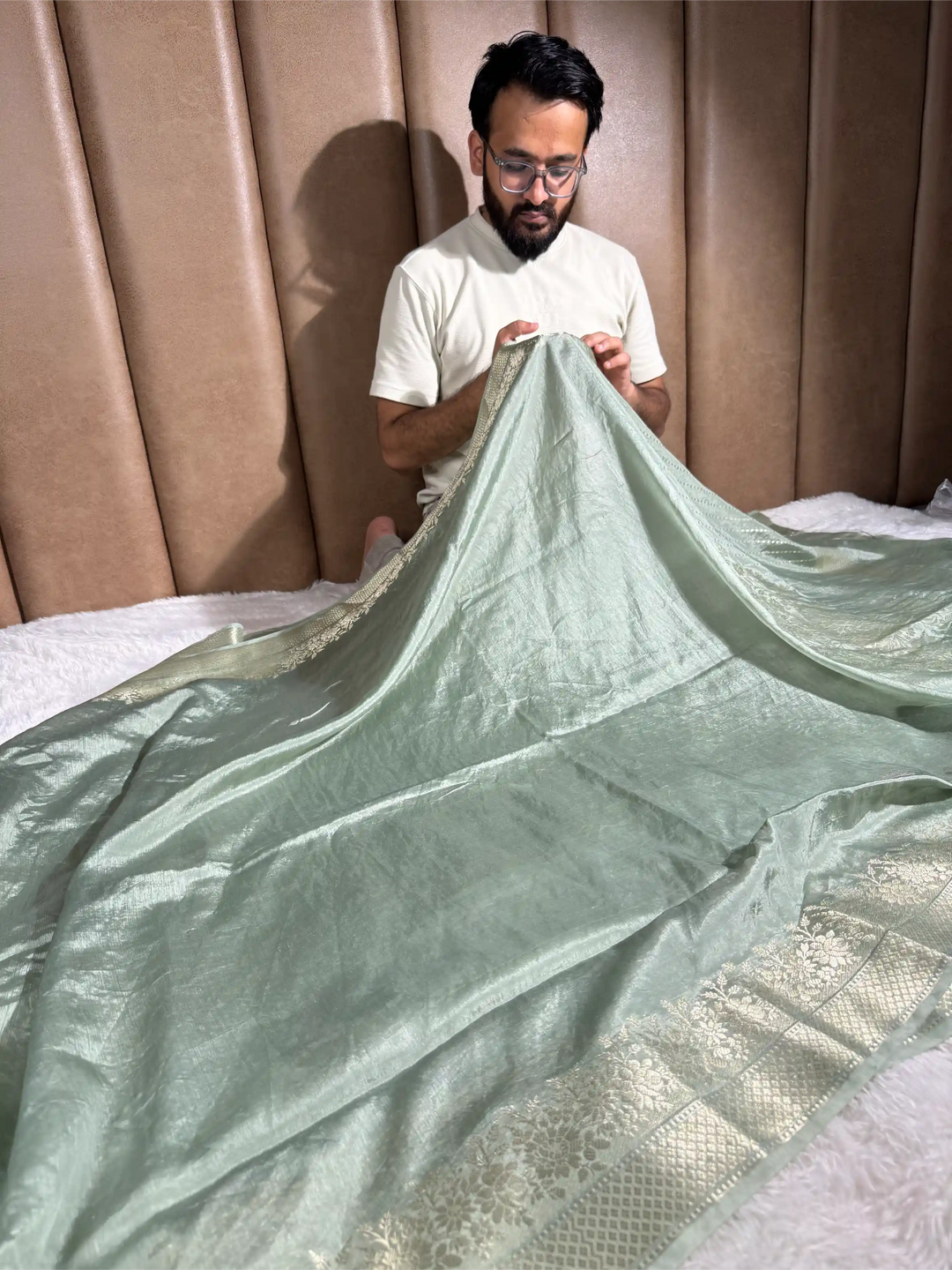 Pastel Sea Green Crepe Chinia Silk Banarasi Saree