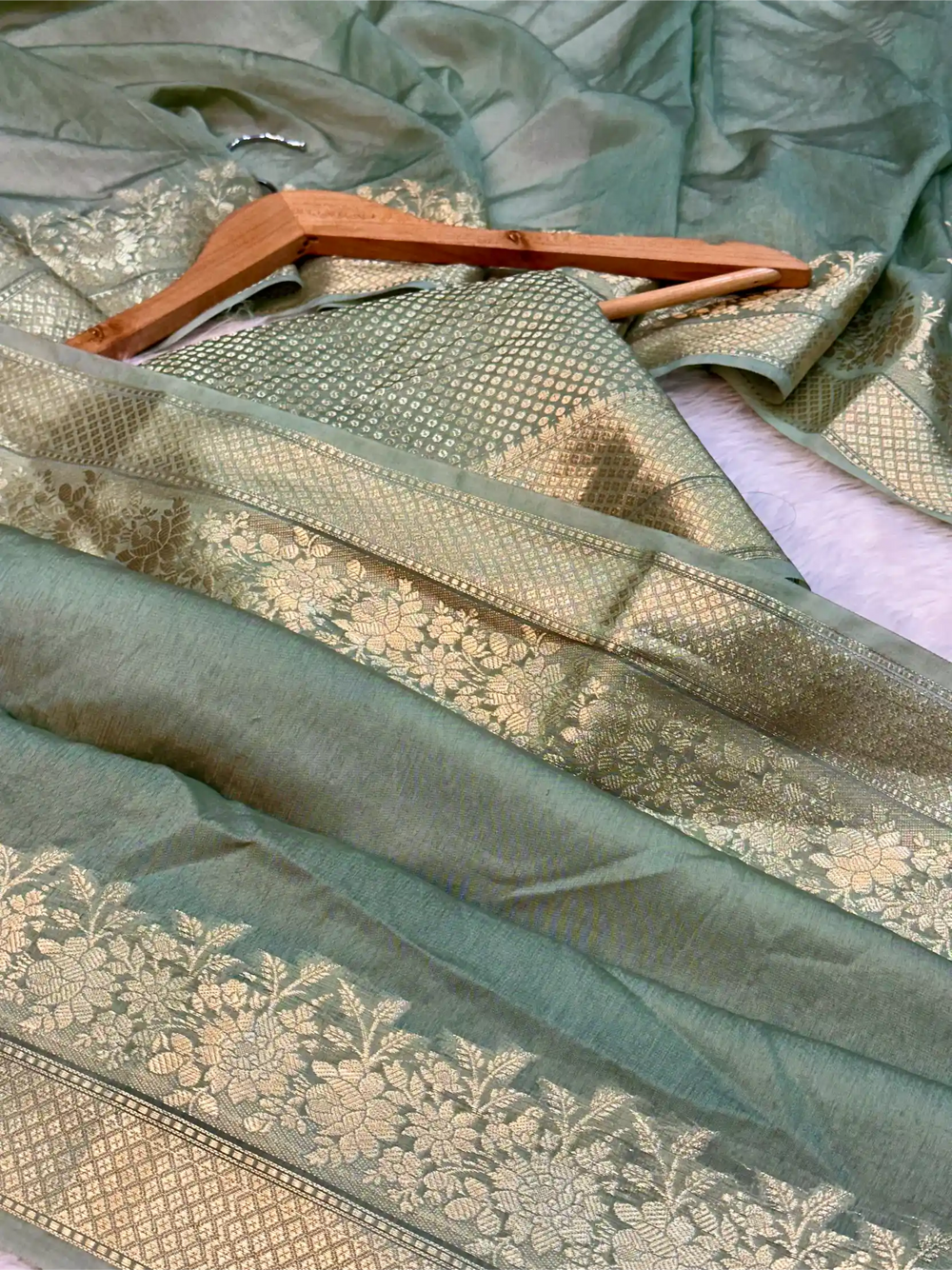 Pastel Sea Green Crepe Chinia Silk Banarasi Saree