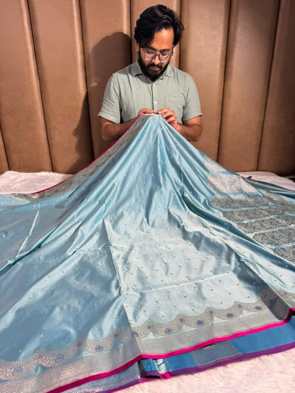 Pastel Sky Blue Mashru Katan Silk Buta Work Banarasi Saree