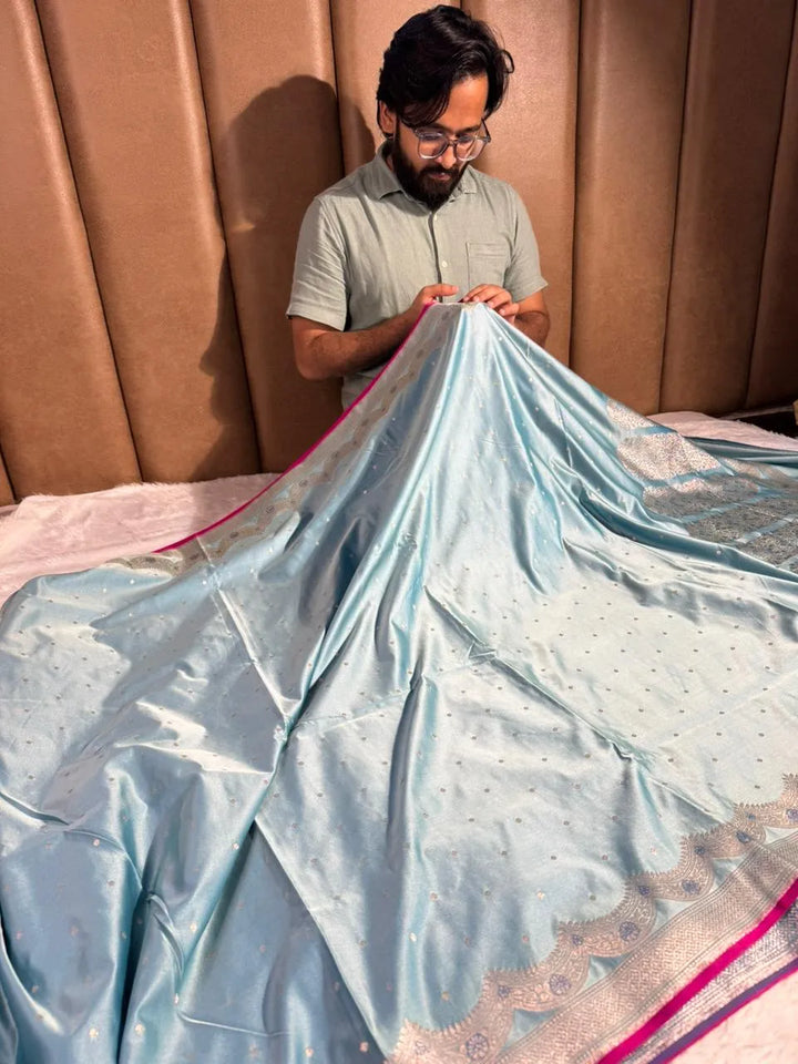 Pastel Sky Blue Mashru Katan Silk Buta Work Banarasi Saree