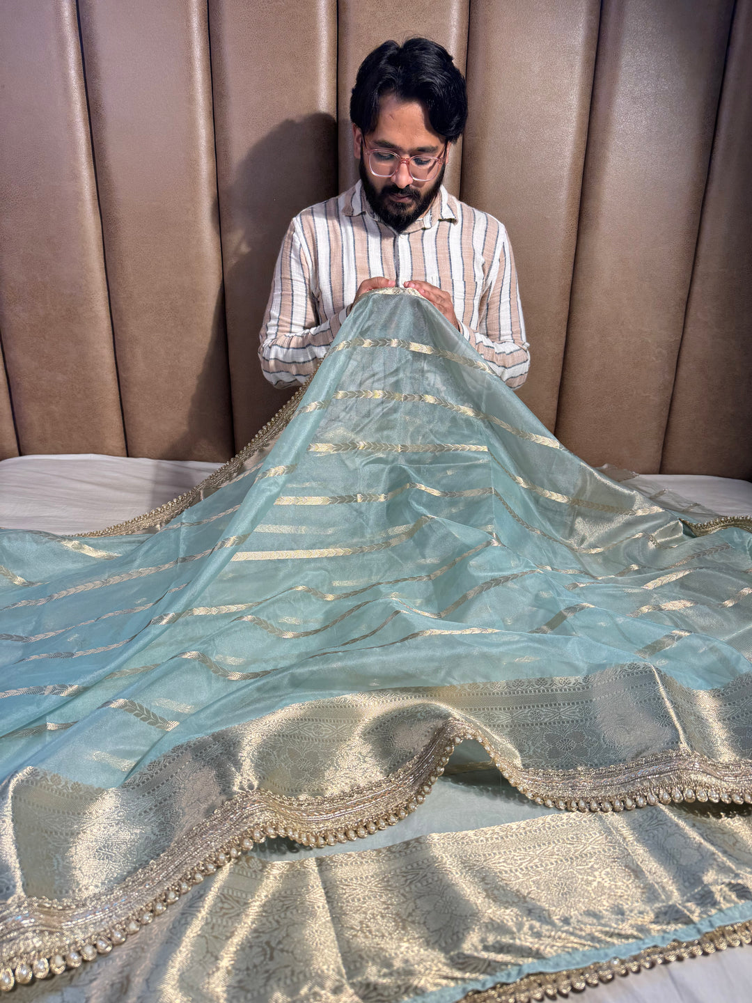 Pastel Sea Blue Kora Organza Silk Lace Attached Banarasi Saree