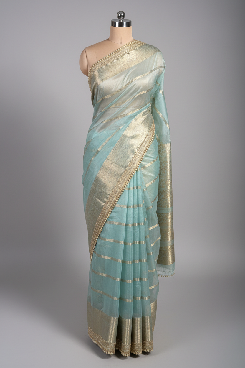 Pastel Sea Blue Kora Organza Silk Lace Attached Banarasi Saree
