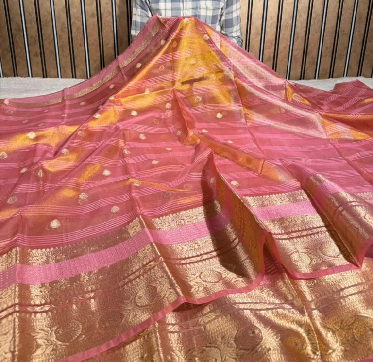 Pastel pink traditional tissue silk Banarasi saree
