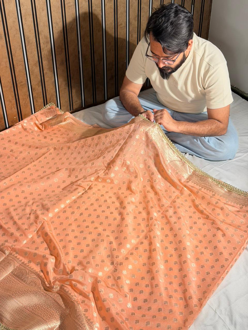 Peach Chinia Silk Designer Lace Work Banarasi Saree