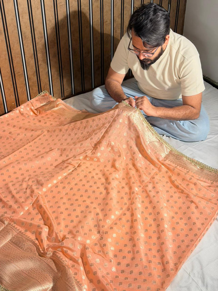 Peach Chinia Silk Designer Lace Work Banarasi Saree