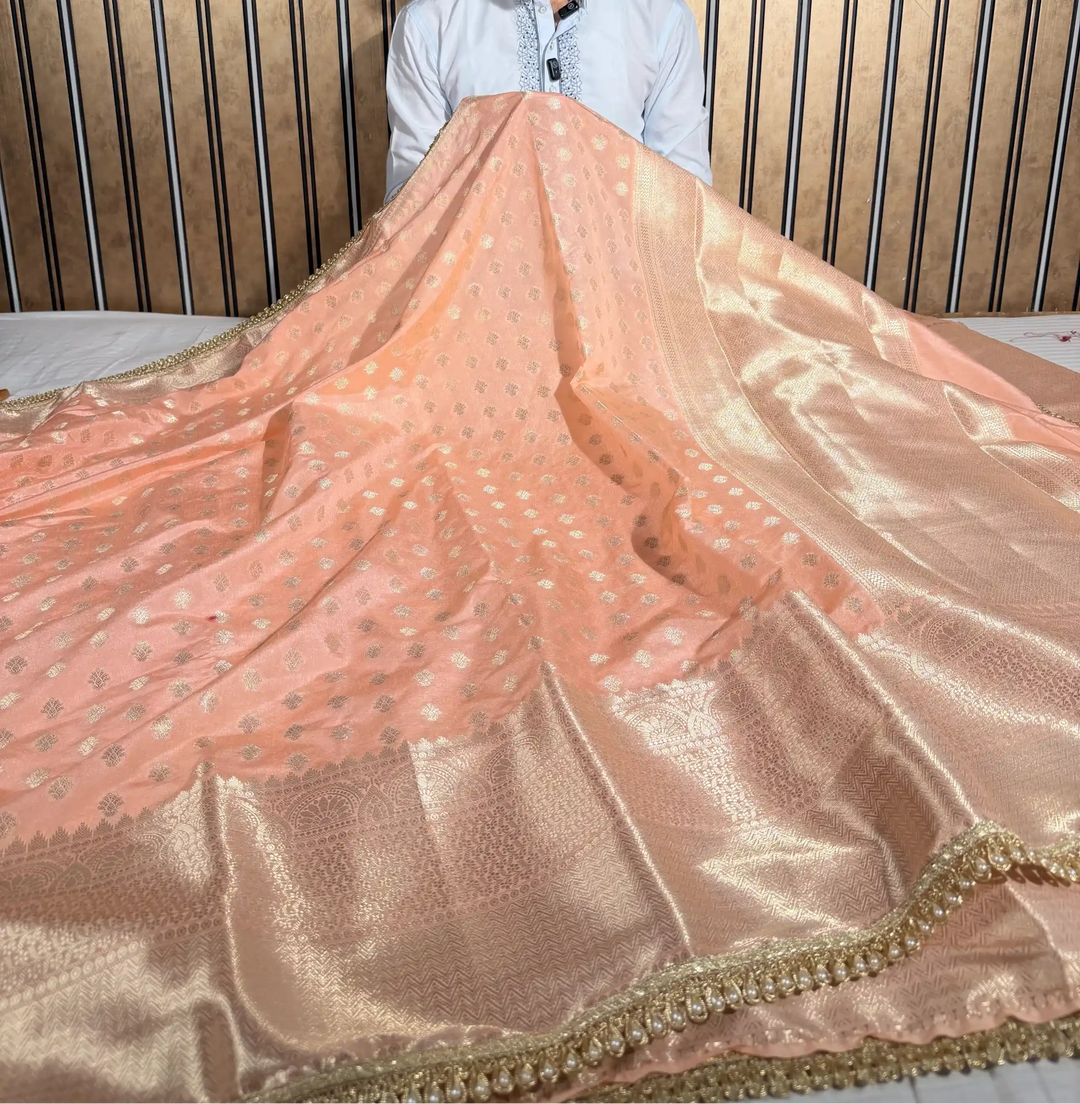 Peach Chinia Silk Designer Lace Work Banarasi Saree