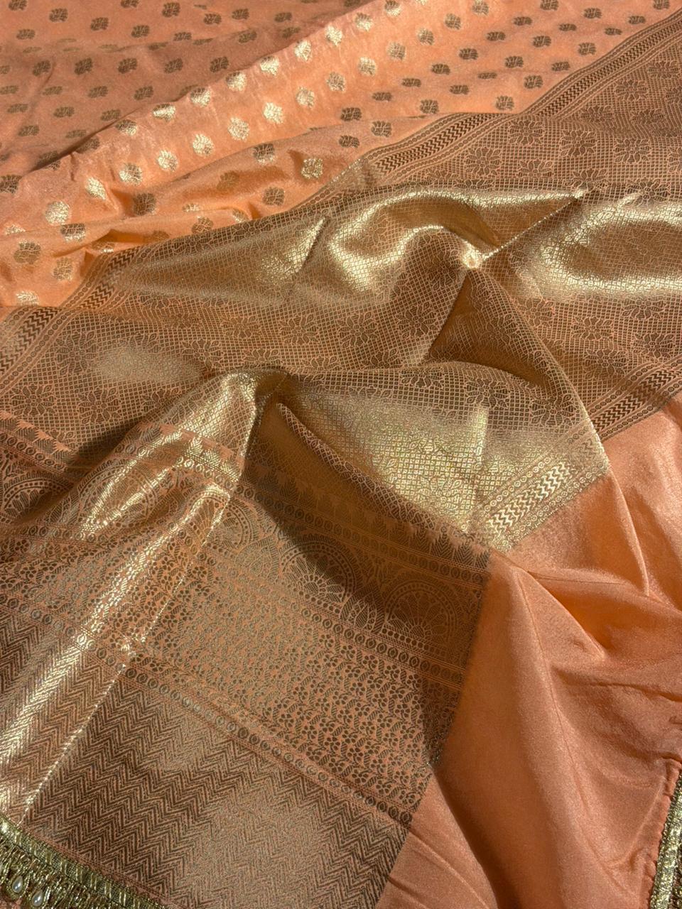 Peach Chinia Silk Designer Lace Work Banarasi Saree