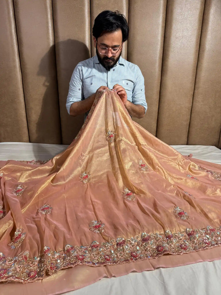 Peach Handwork limited edition saree with exclusive lightweight dual tone tissue silk saree