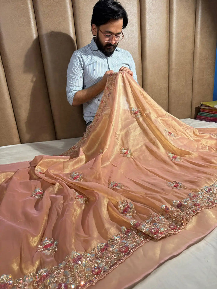 Peach Handwork limited edition saree with exclusive lightweight dual tone tissue silk saree