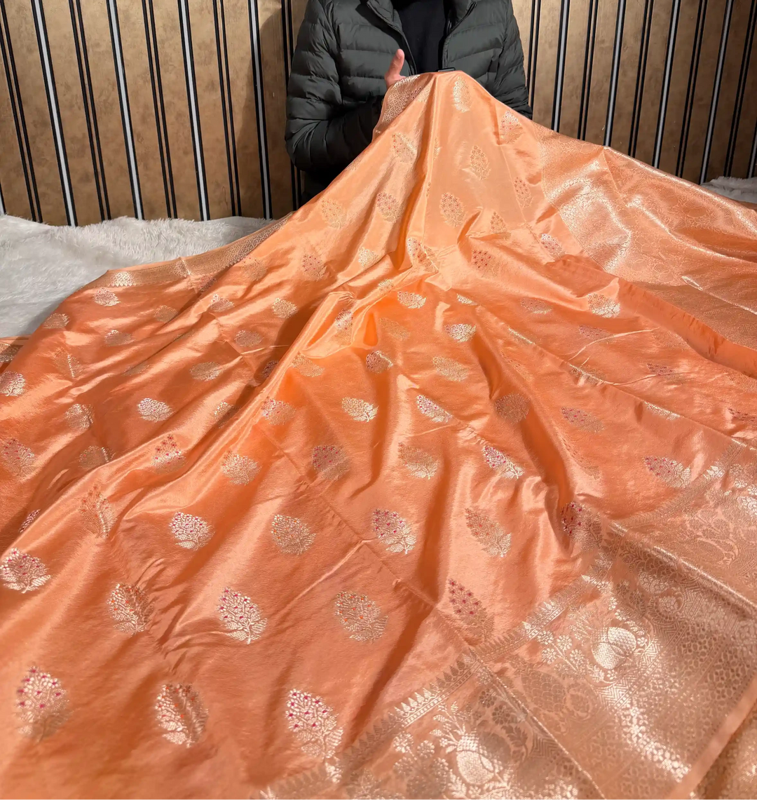 Peach Orange Raw Chinia Silk Meenakari Buta Banarasi Saree