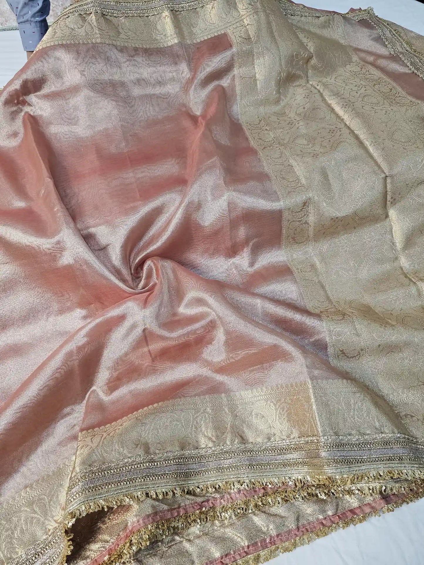 Peach Premium Tissue Silk Saree with Exclusive Lace Work