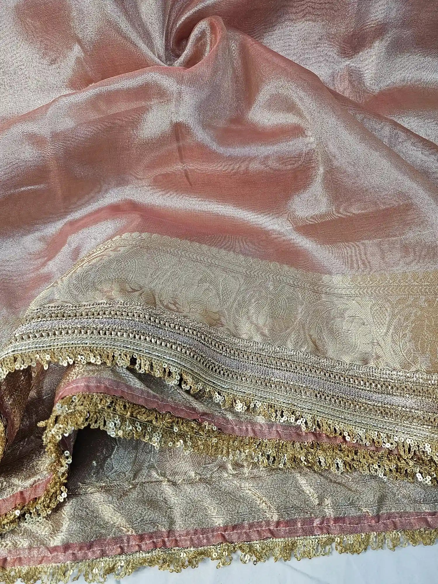 Peach Premium Tissue Silk Saree with Exclusive Lace Work