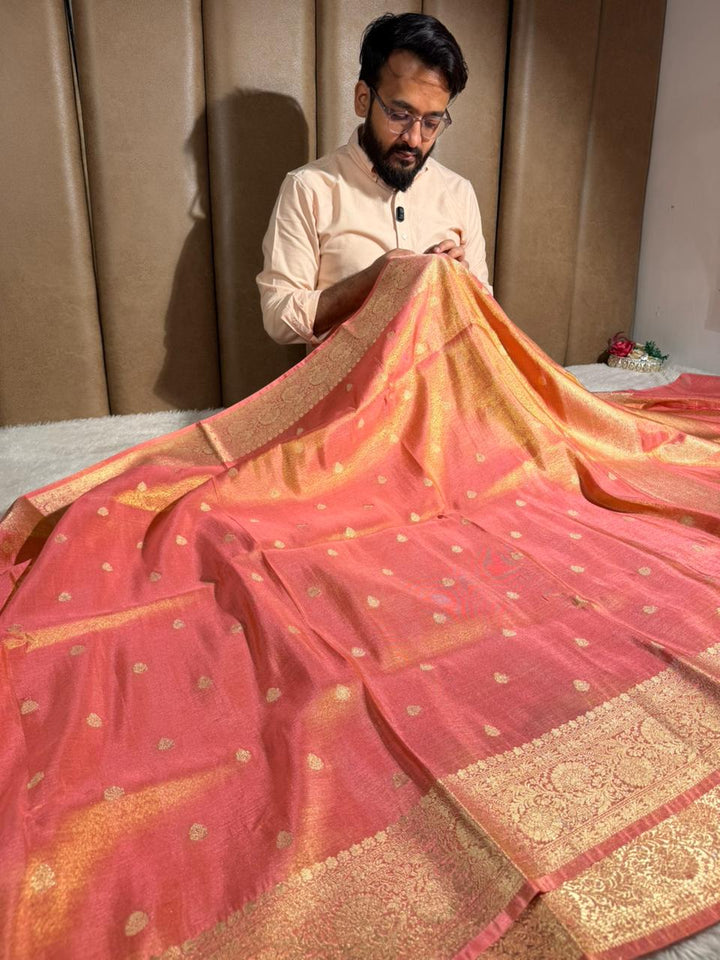 Peach Shade Premium Katan Tissue Banarasi Saree