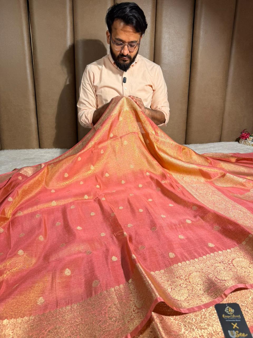 Peach Shade Premium Katan Tissue Banarasi Saree